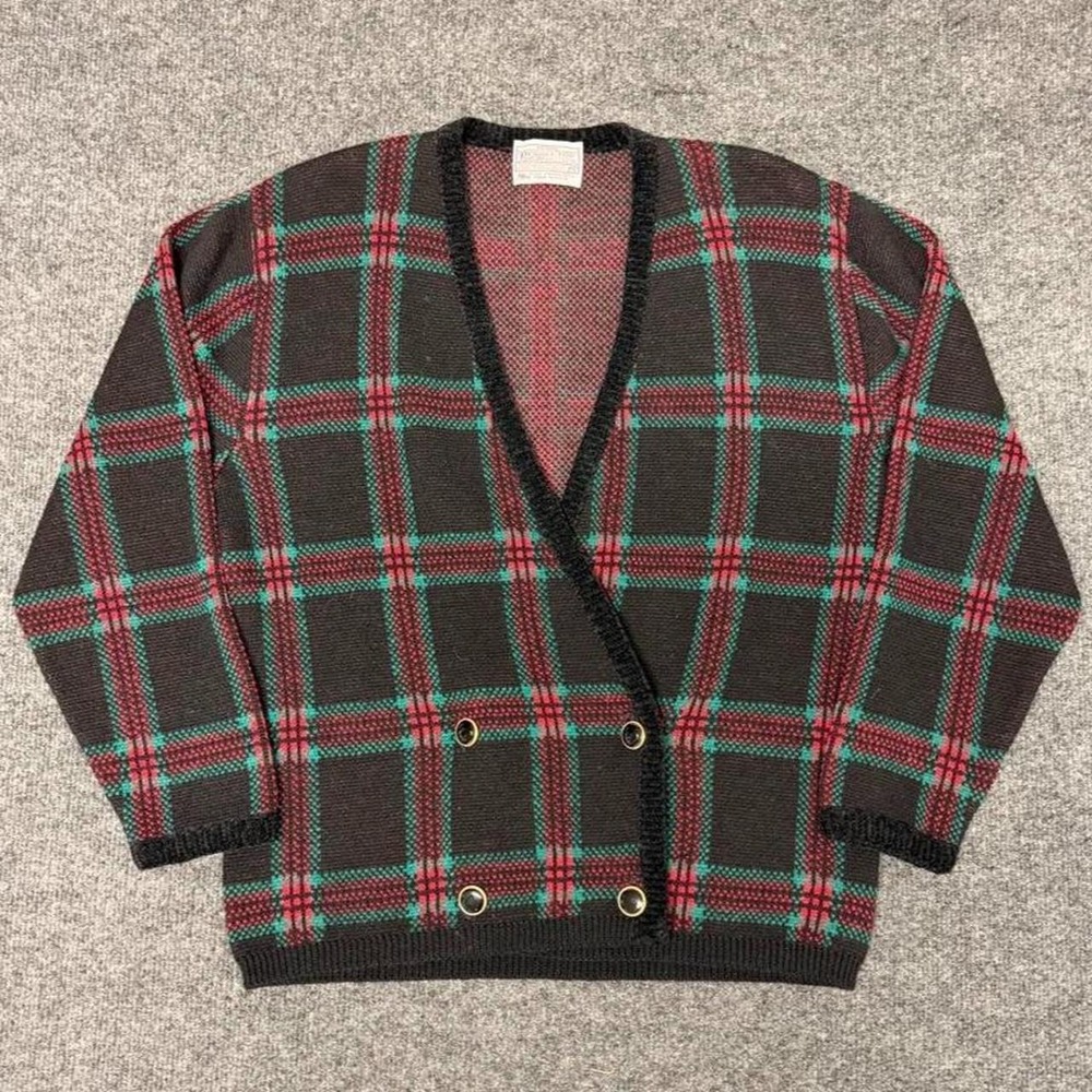 Pendleton Wool Cardigan Sweater Womens Small Petite Plaid Black Red Green Button